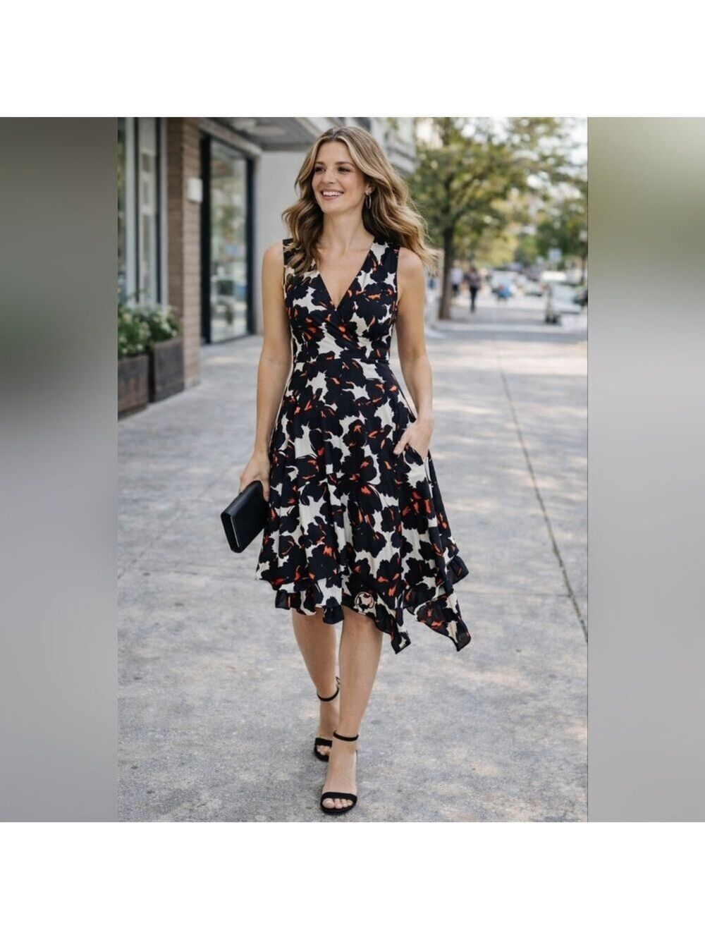 A.L.C. Nello Handkerchief Silk Fit & Flare Dress | Black White Red Print | Size